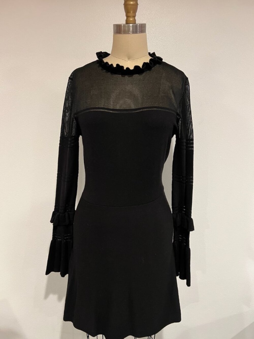 French Connection Lindsey Black Sheer Mesh Ruffle Sweater Mini Dress S